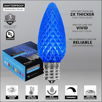 Wintergreen Lighting 100 C9 OptiCore LED Commercial Outdoor Christmas Lights – Heavy Duty Christmas String Lights; Green Wire (100 ft, Blue)