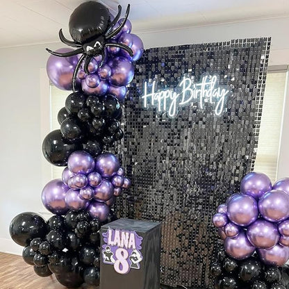 162pcs Purple and Black Balloons Garland Arch Kit, Metallic Purple Silver Black and Confetti Balloons in Different Sizes for Halloween Wednesday Vampire Theme Birthday Party Decorations