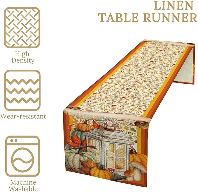 Fall Pumpkin Table Runner Rustic Farmhouse Mushrooms Leaves Berries Lanterns Thanksgiving Theme Home Decor for Farmhouse Indoor Outdoor Party Holiday Dining Kitchen Restaurant Cafe W13xL108in