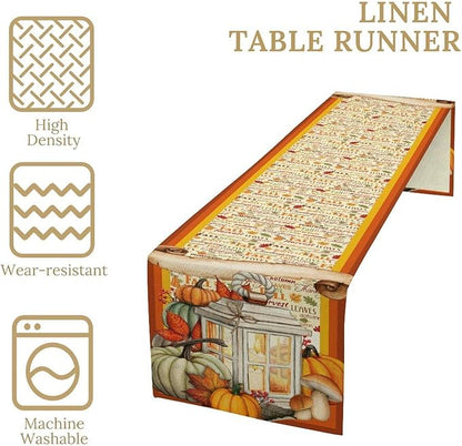 Fall Pumpkin Table Runner Rustic Farmhouse Mushrooms Leaves Berries Lanterns Thanksgiving Theme Home Decor for Farmhouse Indoor Outdoor Party Holiday Dining Kitchen Restaurant Cafe W13xL108in