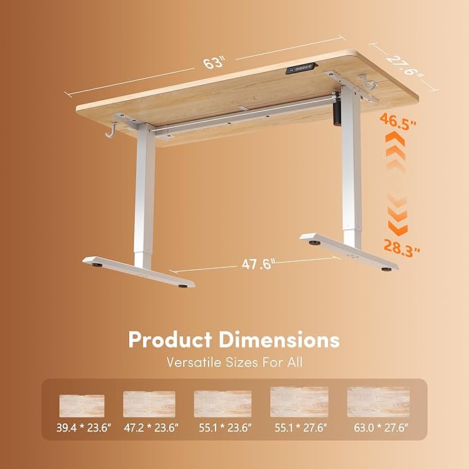 FEZIBO Standing Desk, 63×28 Inches Electric Height Adjustable, Sit Stand Up Table, Computer Office Desk with Splice Board, While Frame/Maple TOP