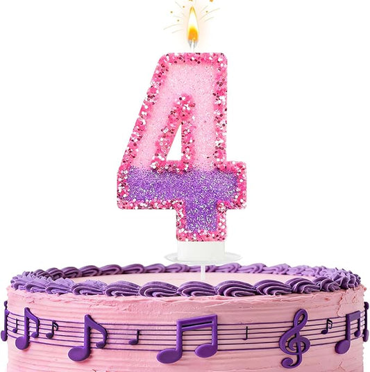 Birthday Number Candles for Cake, Pink Purple Glitter Number Candles for Cake Toppers, Ideal Birthday Parties Cake Decor, Wedding Anniversary and Other Celebrations (4 Candle)