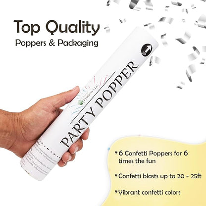 Confetti Cannon 12" – 6 Pack Silver Mylar Confetti Poppers | Party Poppers for Weddings, Birthdays, Graduations & Events | Air-Powered, Safe & Easy to Use | Shoots 25 Feet Indoor & Outdoor