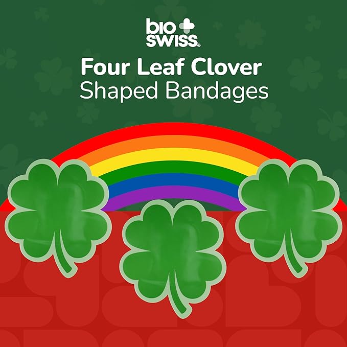 BioSwiss Kids Bandages, 4 Leaf Clover Shaped Self Adhesive Bandage Set, Latex Free, Sterile Wound Care, 50 Count