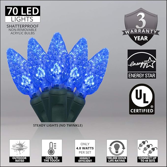 70 C6 Blue LED String Lights, 24 Ft, Indoor-Outdoor Christmas String Lights for Bedroom Dorm Room Lights Outdoor Tree Lights Blue Light Set