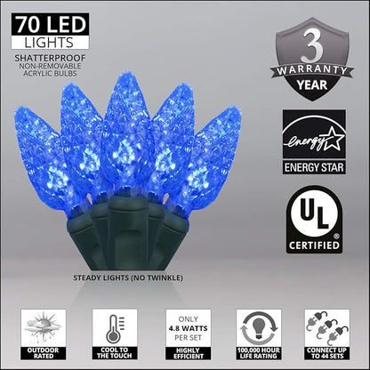 70 C6 Blue LED String Lights, 24 Ft, Indoor-Outdoor Christmas String Lights for Bedroom Dorm Room Lights Outdoor Tree Lights Blue Light Set