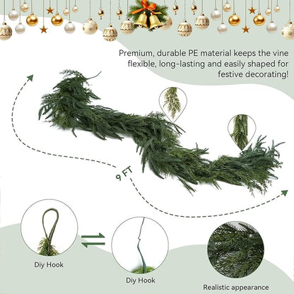 Norfolk Pine Garland Artificial Real Touch Green Thick Faux Norfolk Pine & Cedar 9FT Greenery Christmas Decor for Mantle Fireplace Wall Table Railings Indoor Outdoor Xmas Decorations