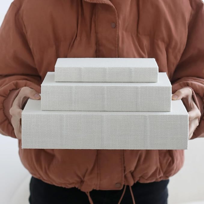 Modern Linen and Wood Decorative Faux Book Boxes Set of 3-13",10",8" - White