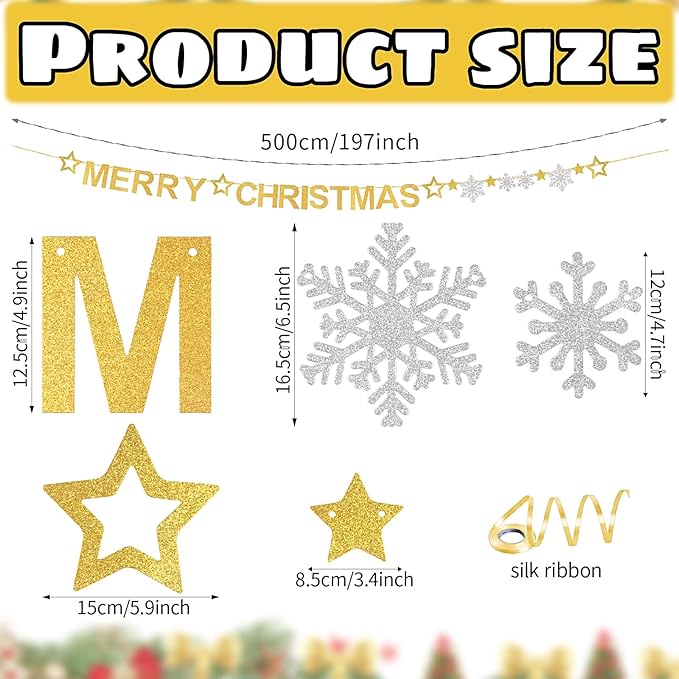 Totelux Merry Christmas Banners Decoration Glitter Star Snowflakes Sign Gold Silver Christmas Hanging Banner for Wall Home Office Holiday Party Decor Supplies
