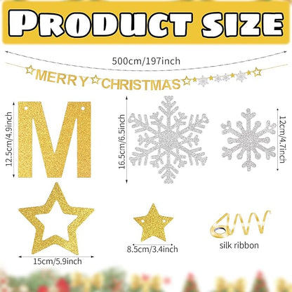Totelux Merry Christmas Banners Decoration Glitter Star Snowflakes Sign Gold Silver Christmas Hanging Banner for Wall Home Office Holiday Party Decor Supplies