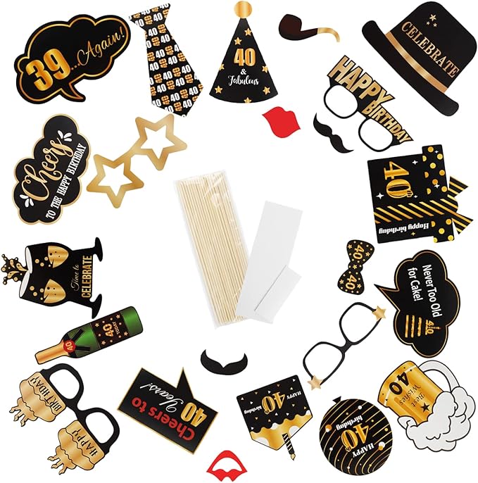 LINGTEER Happy 40th Birthday Party Photo Booth Props,Cheers to 40th Birthday Forty Years Old Bday Party Centerpieces Props Decorations Sign.