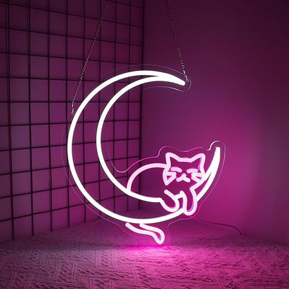 Moon Cat Neon Sign Girl Room Decor Led Neon Lights Signs for Wall Decor USB Powered Led for Room Decoration