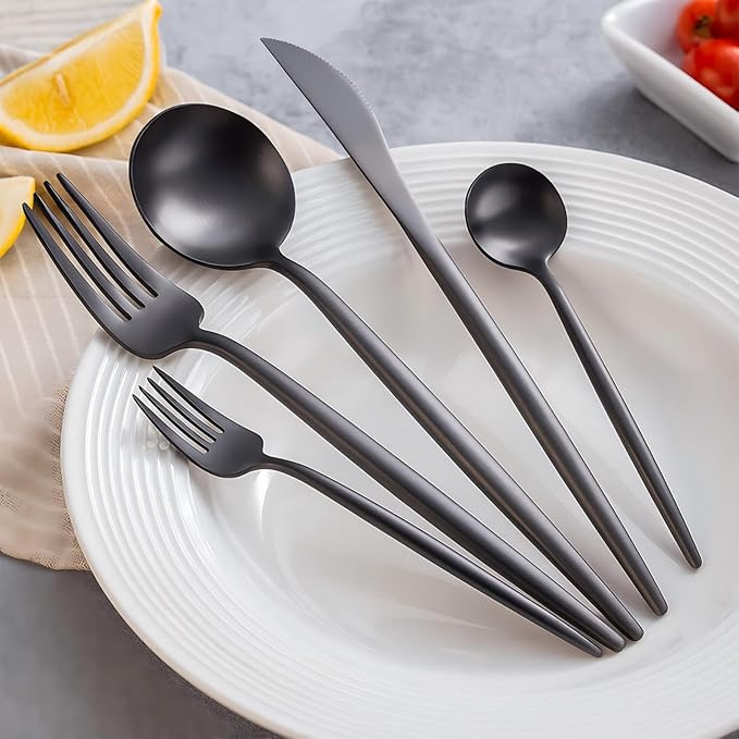 5-Piece Black Silverware Set, Matte Black Stainless Steel Flatware Utensils, Modern Cutlery Set for 1-2 People, Dishwasher Safe, Matte Finish,Anti-Fingerprint Stainless Steel