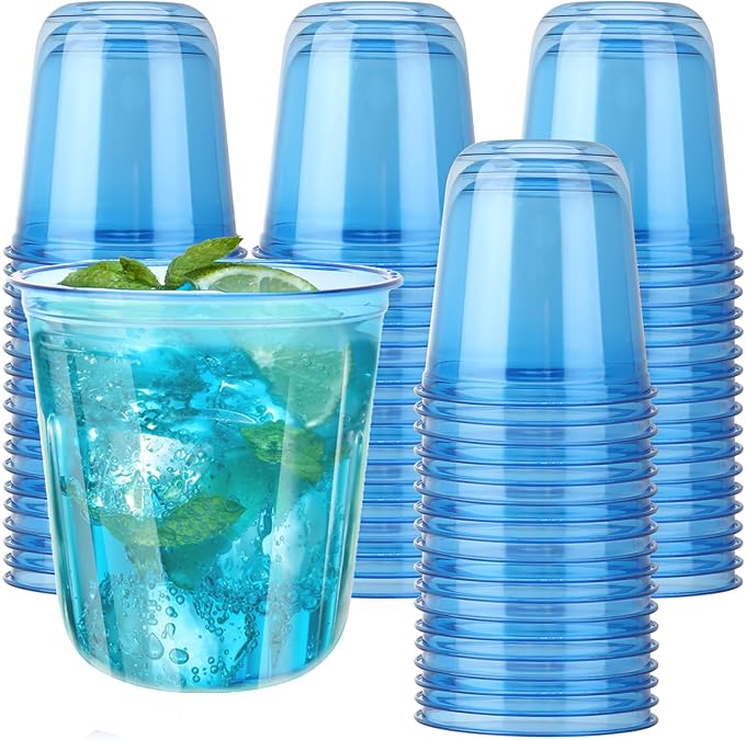 50pcs 12oz Disposable Stemless Glasses,PET Disposable Drinking Cups,Cold Party Clear Plastic Wine Glasses for Parties Birthday,Wedding,Meeting,Christmas Party Supplies. (Blue)