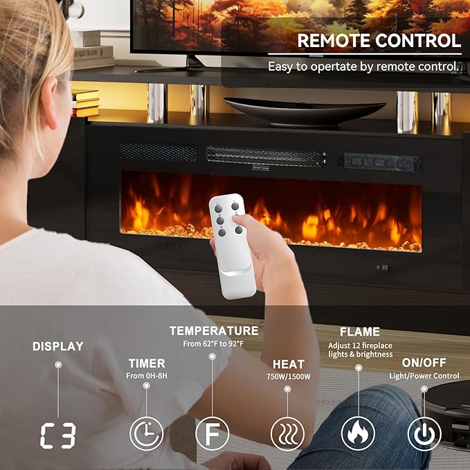 90" TV Stand for Living Room, Large Entertainment Center & Media Console, Fits TVs up to 100", Storage Cabinet with Shelves, 50" Electric Fireplace