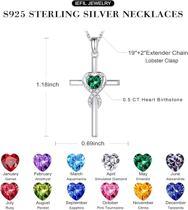 Iefil Cross Necklace for Women - 925 Sterling Silver Birthstone Necklace Jewelry Gifts for Women Wife