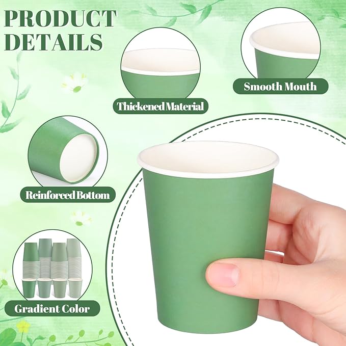100 Pack Sage Green Paper Cups 9oz Gradient Sage Green Party Cups Disposable Paper Cups, Drinking Cups for Wedding Birthday Baby Shower Party Supplies