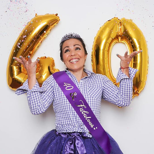 Purple 40th Birthday Celebration Kit - Sash and Tiara Set, Party Favors, Decorations and Cake Topper