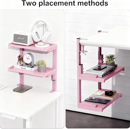 Spacrea clamp on Desk Shelf, 2 Tier Office Desk Shelves Organizer, Wood Desktop Supplies Storage Rack, Desk Organizers and Accessories (Pink)