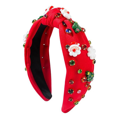 pVq Christmas Headband for Women Knotted Headband with Christmas Tree Crystal Pearl Snowflake Ribbon Xmas Holiday Hairband (Santa Claus - Red, One Size)