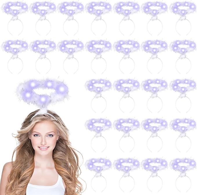 Seematn 24 Pcs Light Up Angel Headband White Feather Halloween Christmas Angel Outfit Women's Costume Headwear Angel Hairband Accessory for Adult Cosplay Party Costume