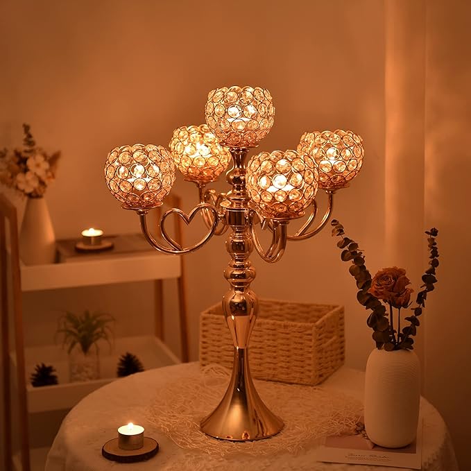 Pack of 4 Gold Crystal Candle Holders 5 Arms Candelabra Centerpiece for Wedding Palace Themed Centerpieces,Metal Candlestick Holders for Dinning, Table,Anniversary Party, Formal, Event Decorative