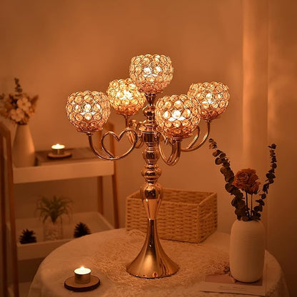 Pack of 4 Gold Crystal Candle Holders 5 Arms Candelabra Centerpiece for Wedding Palace Themed Centerpieces,Metal Candlestick Holders for Dinning, Table,Anniversary Party, Formal, Event Decorative
