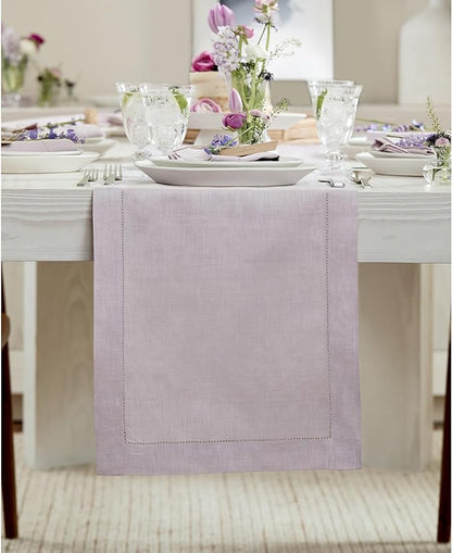 Solino Home Linen Lilac Table Runner 90 Inches Long - 100% Pure Linen Hemstitch 14 x 90 Inch Table Runner for Dining, Fall, Autumn, Christmas, New Year - Classic Hemstitch