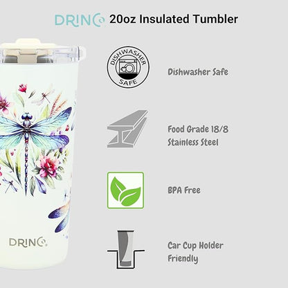 Drinco - 20 oz Stainless Steel Tumbler | Double Walled Vacuum Insulated Mug With Lid, 2 Straws, For Hot & Cold Drinks (20oz Dragonfly)