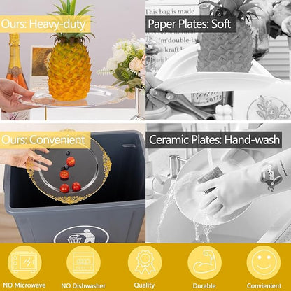 Hioasis 210pcs Clear and Gold Plastic Plates - Elegant Disposable Dinnerware Set Suitable for 30 Guests Include 10.25" Dinner & 7.5" Dessert Plates, Pre Rolled Silverware Set, Cups for Party & Wedding