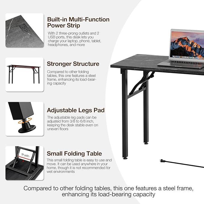 TEMI Small Computer Desk Folding Table - No Assembly, Compact 55.1" Foldable Desk with Power Outlets & USB Charging Port, Portable Small Office Desk, Ideal Mini Study Table, Marble Greige