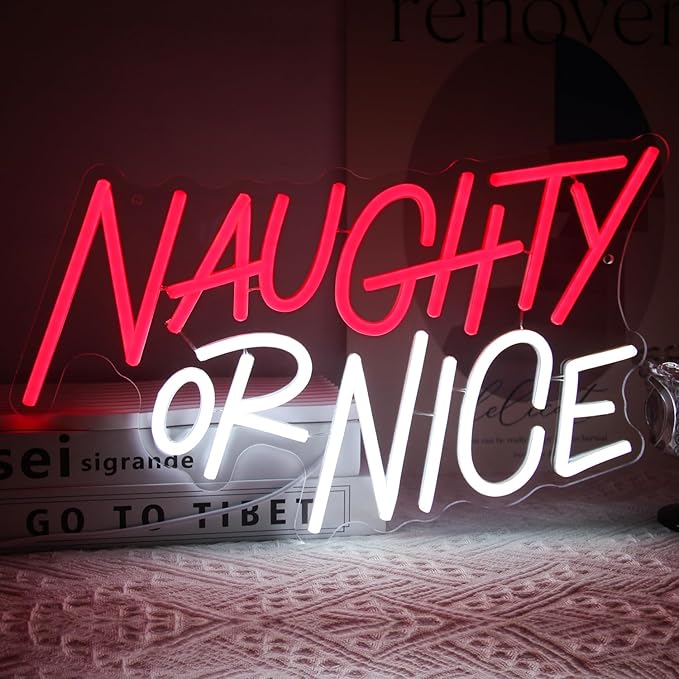 Naughty or Nice Neon Sign Christmas Room Decoration Red White Letters Neon Light Dimmable Words LED Signs for Wall Bedroom Living Room Bar Party Decor Xmas Gifts 15.7 x 11.4 inches