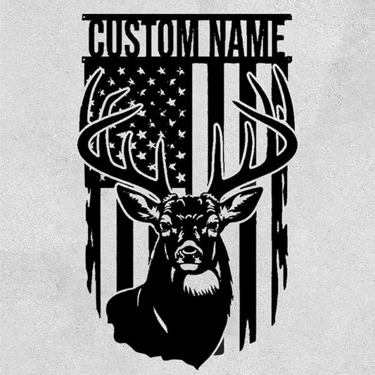 IZI POD Personalized Deer Metal Sign with American Flag, Custom Name Buck Antler Wall Art for Hunting Cabin, Lodge, Man Cave, Rustic Farmhouse Decor, Gift for Men, Hunters & Wildlife Lovers
