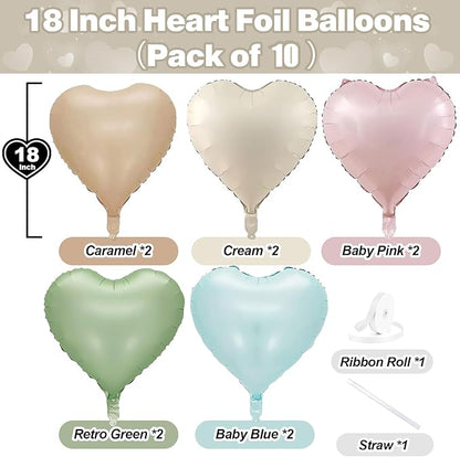 Pastel Colorful Heart Foil Balloons, 10PCS Assorted Rainbow Helium Balloons, 18Inch Heart Shaped Foil Balloon for Kids Birthday Valentines Wedding Bridal Baby Shower Easter Boho Party Decorations
