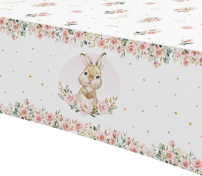APOWBLS Bunny Birthday Decorations Tablecloth, Disposable Bunny Party Supplies Table Cover for Baby Shower, Easter Rabbit Themed Party Decorations Table Cloth, 3 Pack, 55in x 86in