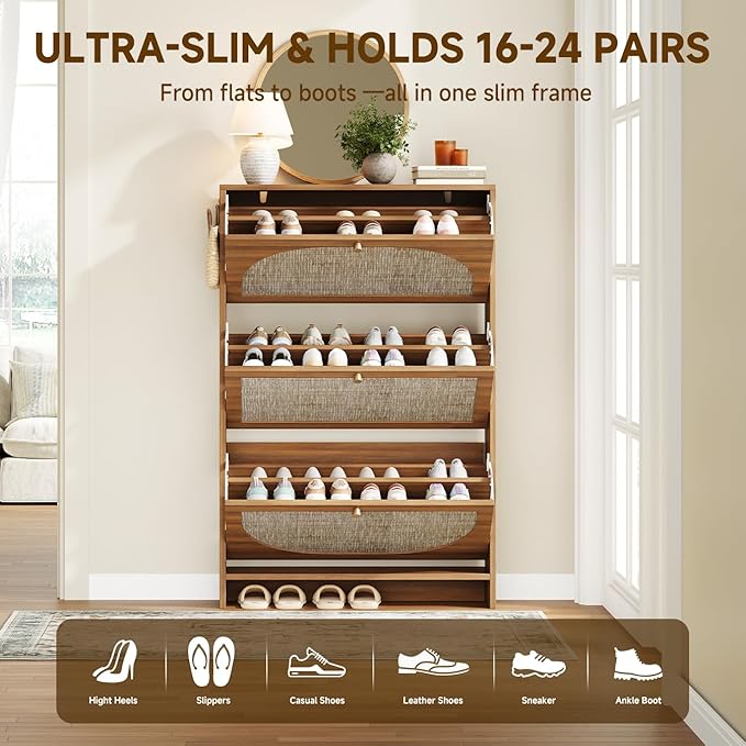 Nicetree Freestanding Ultra Slim Arched Rattan Accent Shoe Storage Cabinet for Entryway - 3 Flip Drawers & 3-Tier Adjustable Shelves, Farmhouse Modern Rustic Shoe Rack for Hallway Foyer,Oak