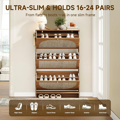 Nicetree Freestanding Ultra Slim Arched Rattan Accent Shoe Storage Cabinet for Entryway - 3 Flip Drawers & 3-Tier Adjustable Shelves, Farmhouse Modern Rustic Shoe Rack for Hallway Foyer,Oak