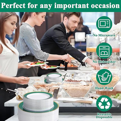 100Pack Plastic Plates Disposable Heavy Duty for Christmas Include 50PCS 10.25inch Dinner and 50PCS 7.5inch Dessert Plastic Plates for Party Wedding Birthday New Year,Green