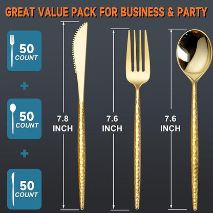 SUT 300PCS Gold Plastic Silverware, Gold Plastic Utensils, Heavy Duty plastic Silverware, Includes:100 Knives, Forks and Spoons, Birthday, Wedding, Hammered silverware Set