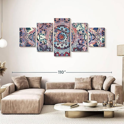 ElephantStock - Mandala Enchantment Wall Art - Horizontal Multi Panel Canvas - 5 Piece Living Room Wall Decor - Digital Art Elements Multi Piece Wall Art - Blue And Beige Decor - 92" x 42"
