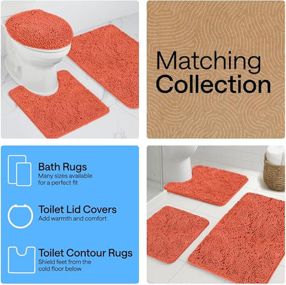 GORILLA GRIP Plush Absorbent Shaggy Chenille Bath Rug Mat for Square Toilet Base with Rubber Backing, Machine Washable Rugs, Soft Microfiber Contour Mats for Toilets, Bathroom Decor, Coral
