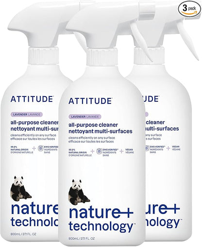 ATTITUDE All Purpose Cleaner Spray, EWG Verified, Vegan, Made with 94% Plant-Based Ingredients, Streak-Free for Kitchen, Bathroom, Glass & More, Lavender, 27.1 Fl Oz (Pack of 3)
