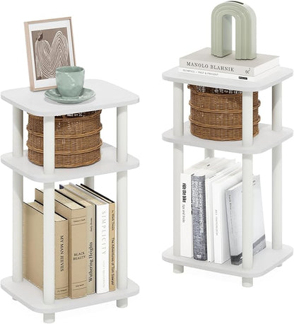 Furinno JUST Side Table Set of 2, 3-Tier Turn-N-Tube End Table with Open Shelf, Round Curve Corner Night Stand, Bedside Table, Easy Assembly, for Living Room, Bedroom, White