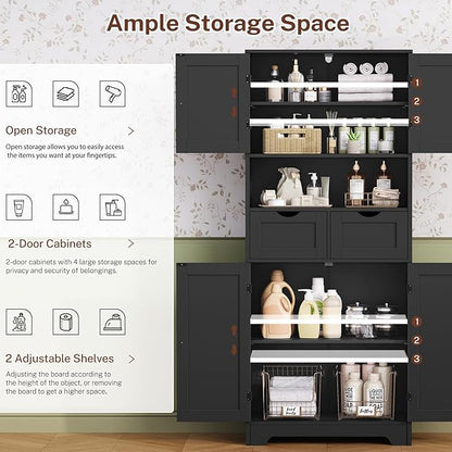 Iwell 57.8" H Tall Storage Cabinet with 2 Drawers & 2 Adjustable Shelves, Kitchen Cabinet with 4 Doors, Tall Cabinet for Living Room, Dining Room, Entryway, Black