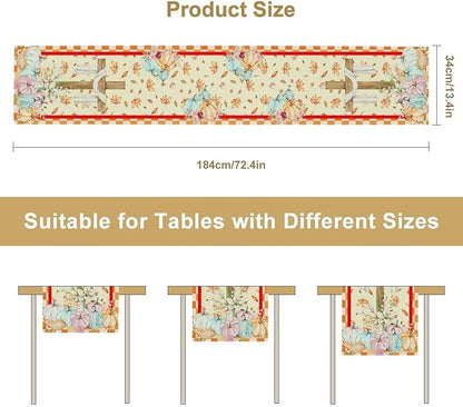 Watercolor Pumpkin Table Runner Fall Flowers Falling Leaves Cross Harvest Season Thanksgiving Rustic Home Decor for Farmhouse Indoor Outdoor Party Holiday Dining Kitchen Restaurant Cafe W13xL120in