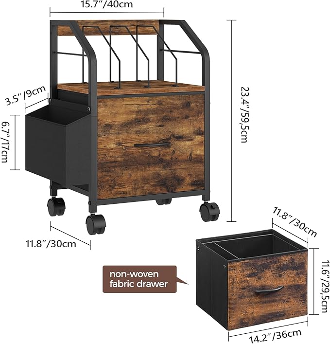 Small File Cabinet, Rolling Filing Cabinet for Under Desk with Divider, Single Non-Woven Fabric Drawer File Organizer for A4/Letter Size Documents, Under Desk Storage, Rustic Brown FCHR3001