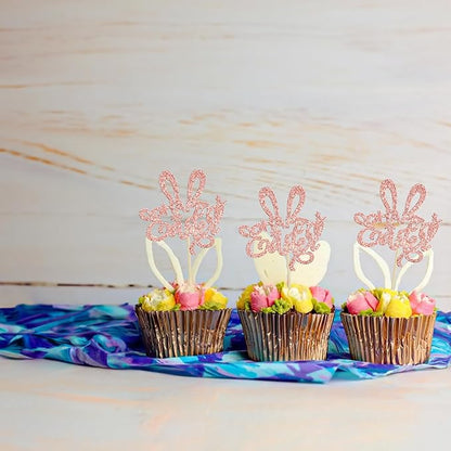 Ephlyn 24Pcs Rose Gold Glitter Easter Rabbit Ear Cupcake Picks Decorations for Happy Easter Day Theme Baby Shower Kids Birthday Party Supplies
