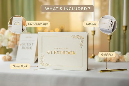 Floral Embossed Wedding Guest Book Set - 9 x 7.5 Hardcover Guestbook for Wedding Reception Sign in, Messages, Bridal Shower Engagement Party (White Cream)