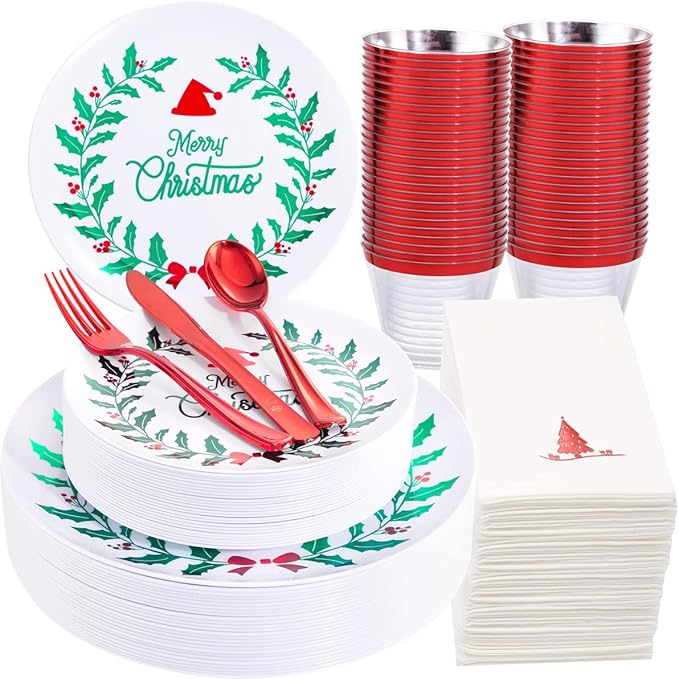 Liacere 175PCS Christmas Plastic Plates - White & Green; Includes 50 Wreath Plates, 25 Red Cutlery, 25 Cups, 25 Tree Napkins