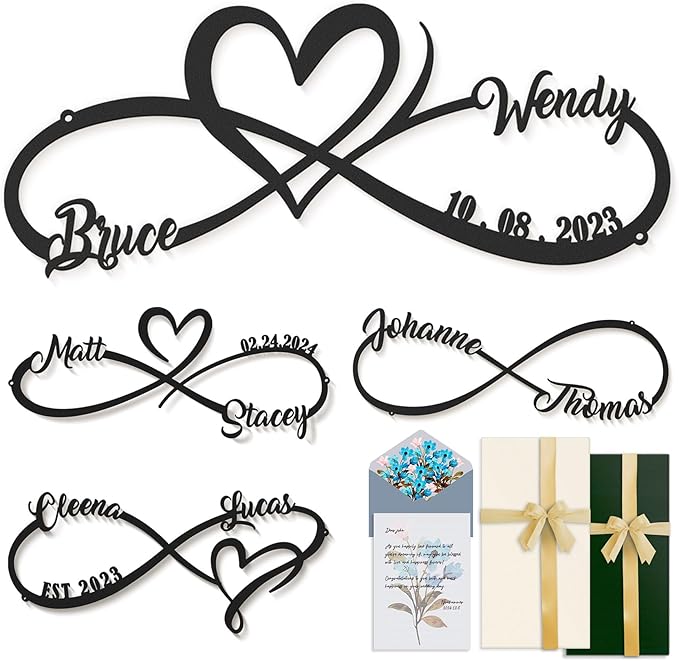 Wedding Gifts for Couples, Personalized Metal Sign With Couples Name and Date, Anniversary Valentines Day Gifts for her him Bridal Shower, Infinity Heart Wall Decor